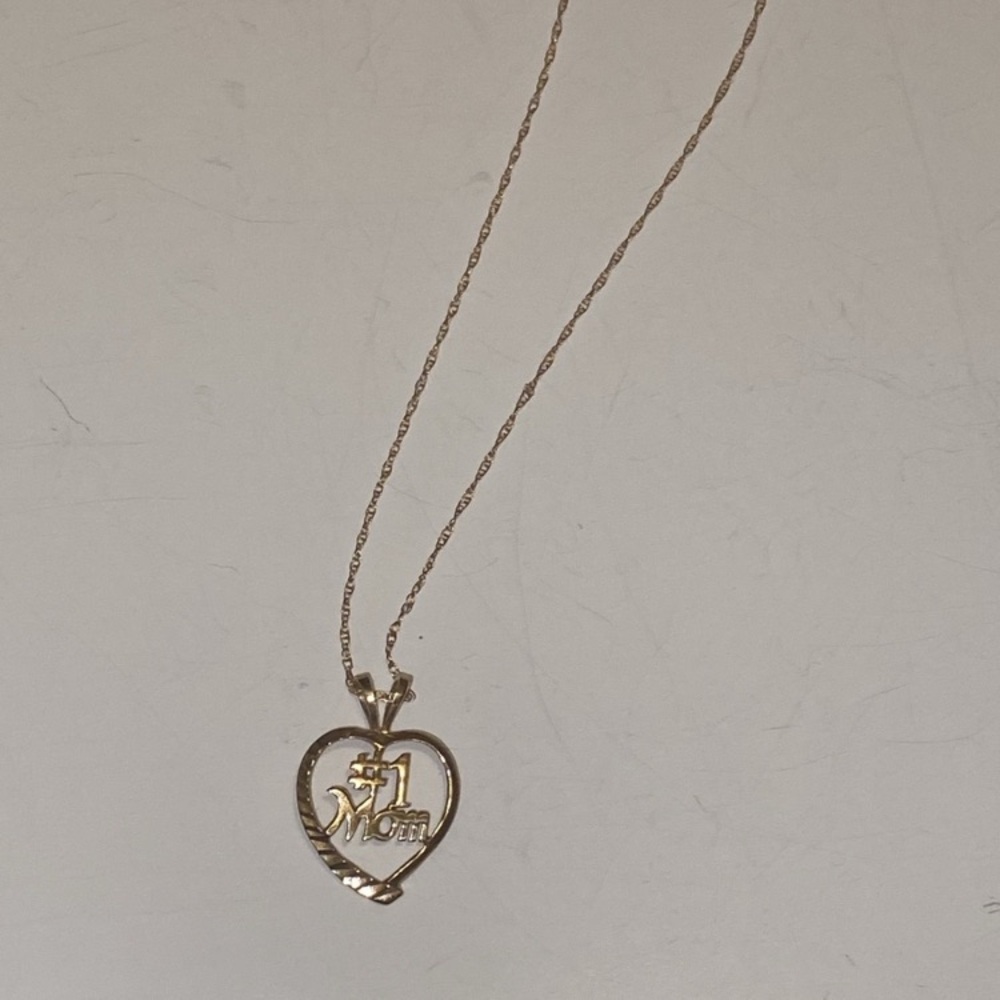14K SOLID YELLOW GOLD #1 MOM HEART PENDANT GOLD CHAIN SIGNED AURAFIN - AUTHENTIC - Picture 8 of 16